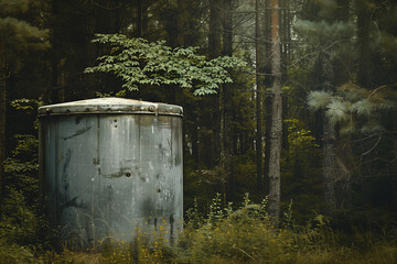 Fototapeta premium Grey water tank in the forest , textured background wallpaper. many uses for paintings,printing,mobile backgrounds, book,covers,screen savers, web page,landscapes, greeting cards,letter head etc.