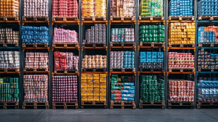 A close-up of diverse products stacked on pallets, with vibrant labels and packaging, waiting for transport in a modern logistics hub