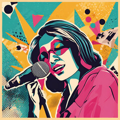 Artistic collage of trendy halftone elements, 90s music, retro nostalgia, trendy Y2K elements with 90s singer singing into a mic, torn paper stickers, illustrations, suitable for screen printing, phot