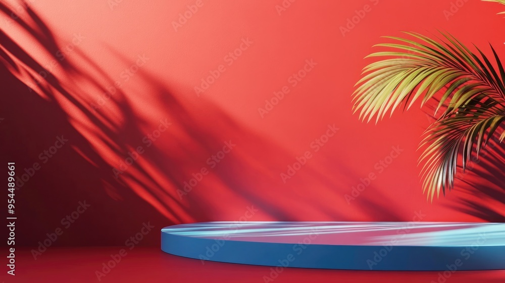 Poster 3d rendering of a modern colored background featuring palm shadows on a blue table with a vibrant re