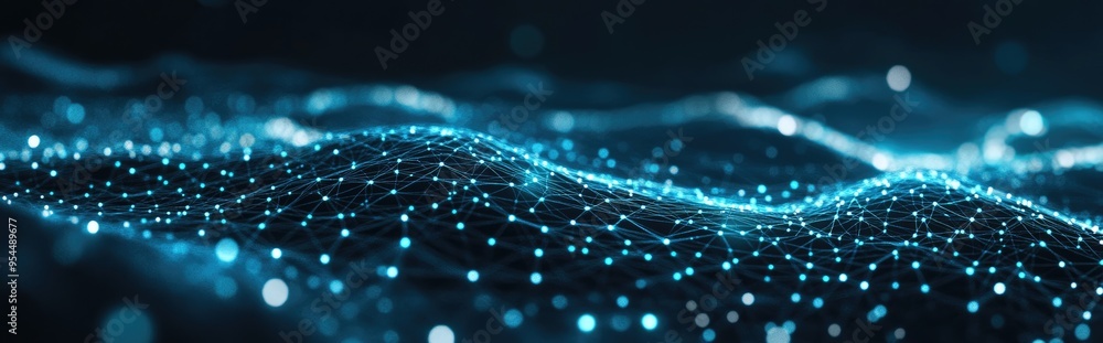 Poster blue translucent plates in space connected by lines and dots against a dark background 3d rendering