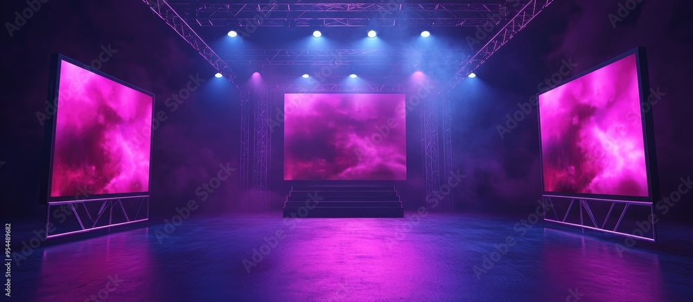 Poster 3d rendering of a center stage with a metal frame featuring promotional screens for showcasing objec