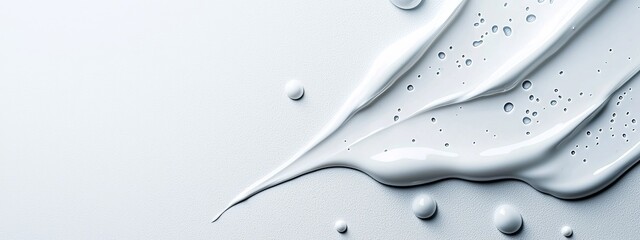  A tight shot of a white liquid atop a pristine white surface, adorned with droplets of water pooling below