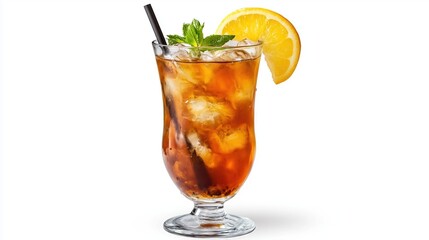 Long Island Iced tea cocktail decorated with a slice of lemon on white background