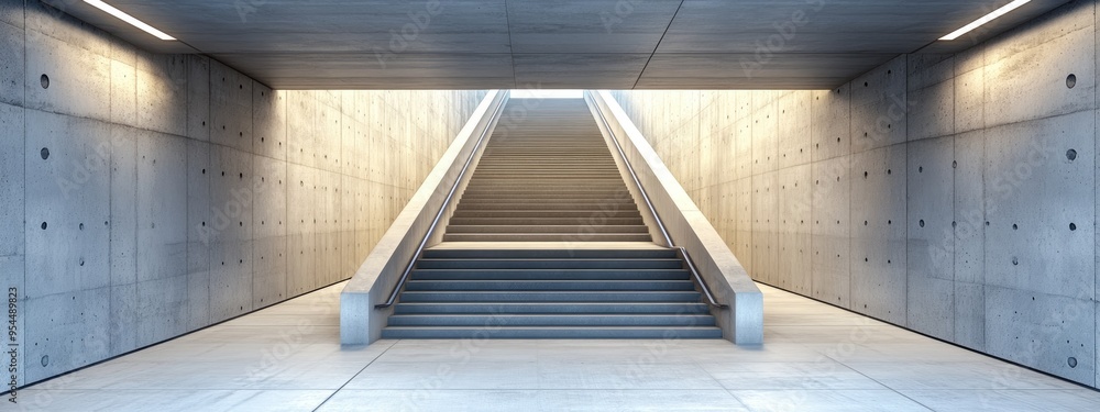 Poster 3d rendering of a modern empty long concrete stairway in an office building featuring stairs ascendi