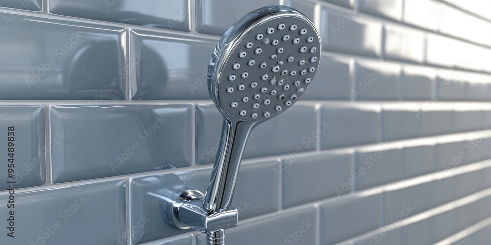 Poster 3d rendering of a chrome plated sprinkle shower featuring sprayers and a tap for temperature control