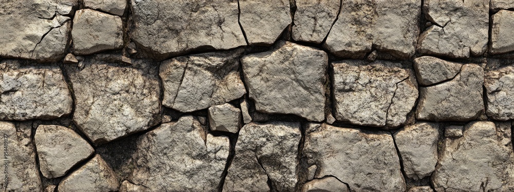 Poster 3d rendering of a cracked section of a stone and cobblestone wall showcasing close up details of age