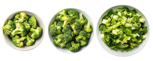 Chopped broccoli florets filled in bowl on isolated transparent background