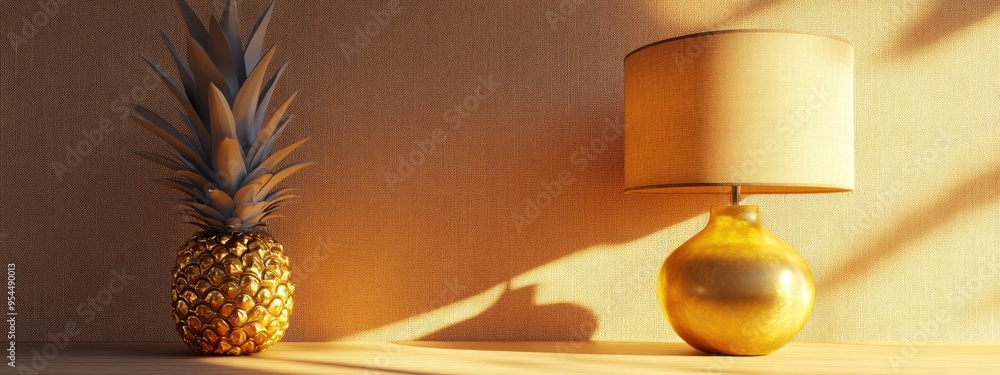 Poster 3d rendering of a lamp and a golden pineapple on a table