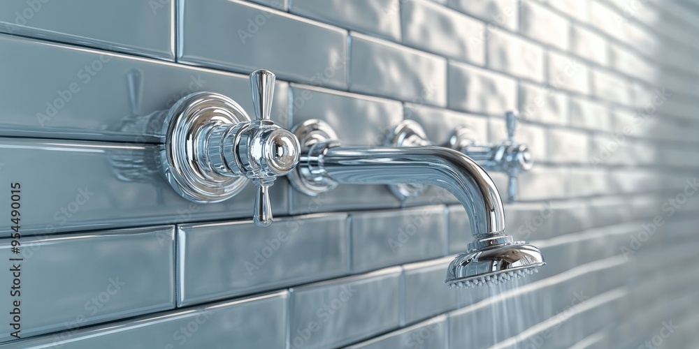 Poster 3d rendering of a chrome plated sprinkle shower featuring sprayers and a tap for temperature control