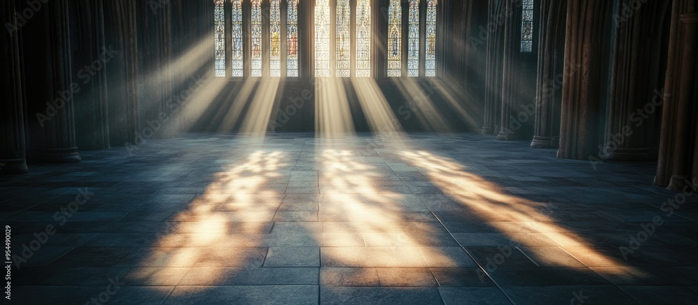Poster 3d rendering of light shining from a window onto the floor of a cathedral
