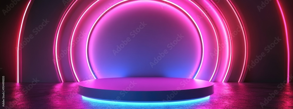 Poster 3d rendering of a product podium mockup for presentation with a vibrant neon light background