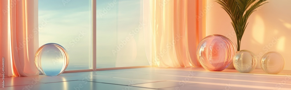 Aufkleber 3d rendering of an abstract interior featuring gradient colored glass spheres and a large window