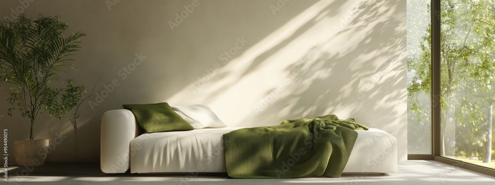 Poster home interior featuring a window and a vacant space with a white couch adorned with a green blanket 