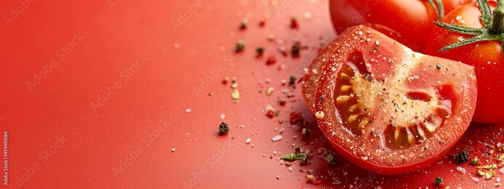 Poster a tight shot of two tomatoes on a scarlet-hued surface, adorned with specks of sprinkles atop