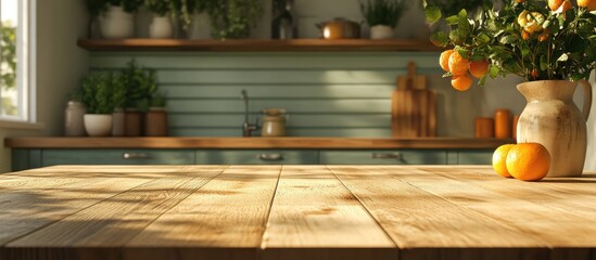 3D rendering of a beautiful natural wooden table with a kitchen backdrop