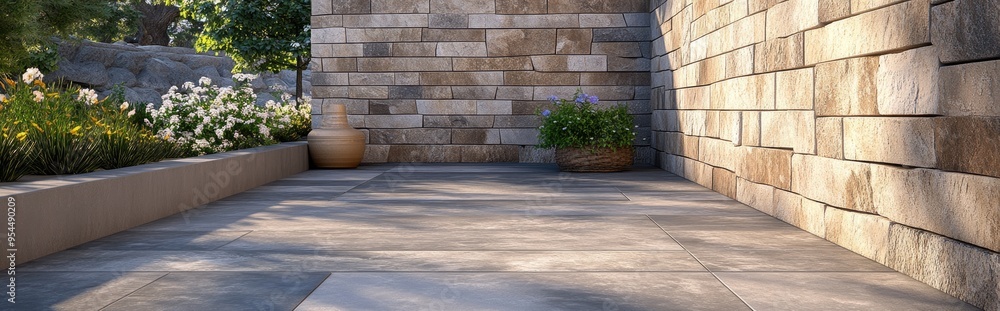 Poster 3d rendering of natural stone cladding applied to finish a concrete porch with decorative tiles