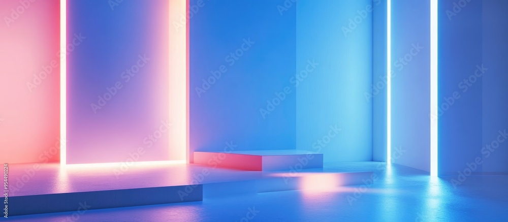 Aufkleber 3d rendering of an abstract geometry studio scene featuring shadow and light with a blue background 