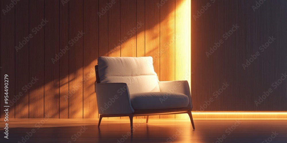 Poster 3d rendering of a side view of a comfortable single armchair illuminated by warm light from outside 