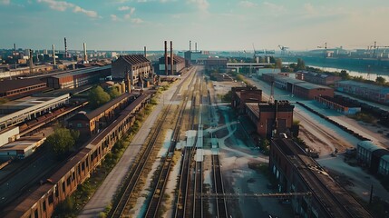 Aerial view of a vast industrial zone with factories and warehouses.