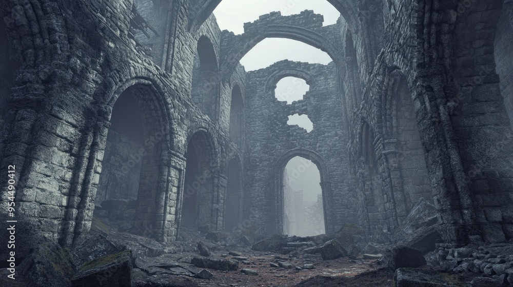 Poster 3d rendering of the interior of castle ruins showcasing an ancient fortress structure