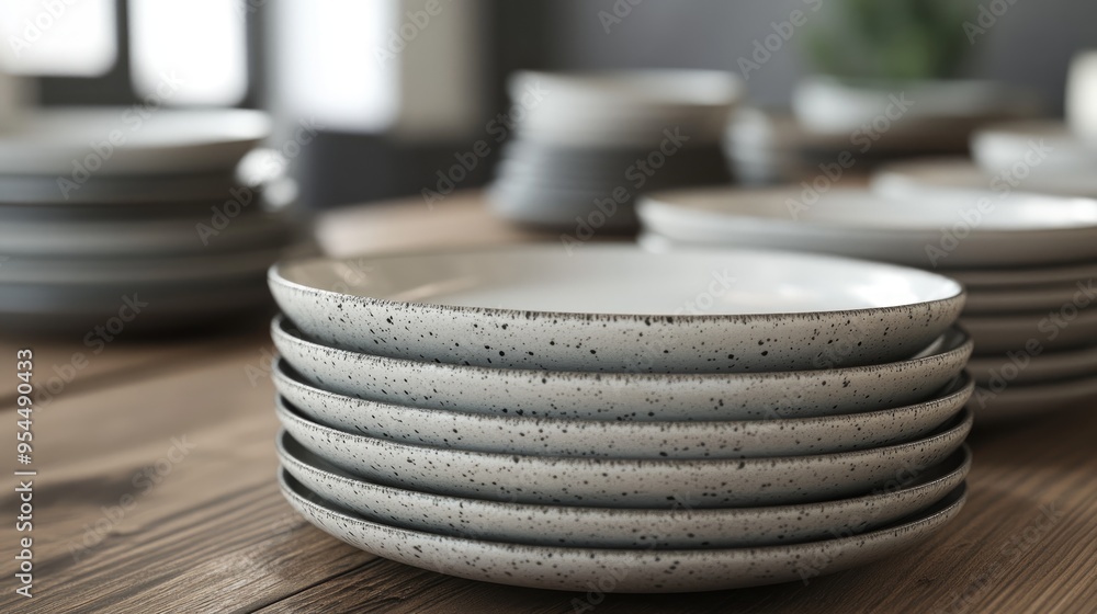 Poster 3d rendering of plates close up on a rustic style table