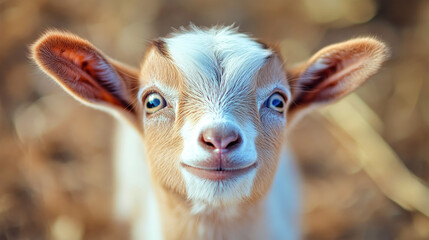 A baby goat looks curiously at the camera, her wide, sparkling eyes full of life and wonder in a sunny barn environment