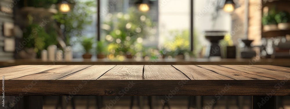 Poster 3D rendering of an empty wooden table in front of an abstract blurred coffee shop background suitable for product display mock up