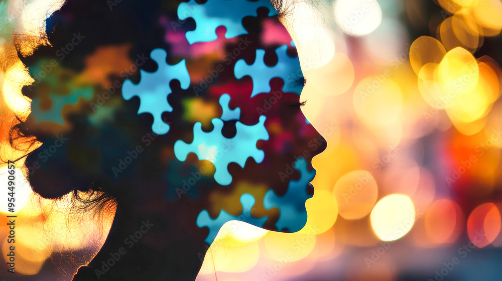 Poster a striking silhouette merges with colorful puzzle pieces, symbolizing the complexity of identity in 