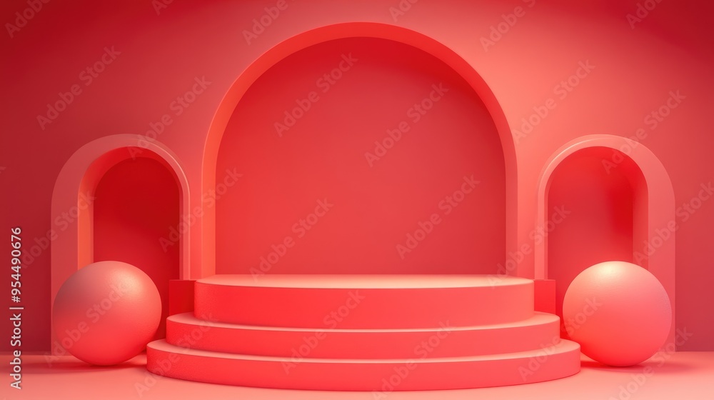Poster 3d rendering of an empty red podium for minimal product presentation featuring a cosmetics stand wit