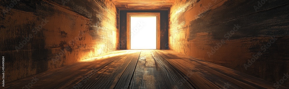 Poster 3d rendering of an exit visible through a wooden door