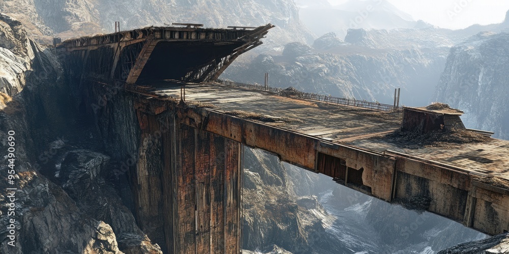 Poster 3d rendering of a collapsed end of an abandoned sky bridge