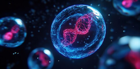Naklejka premium 3D model of animal cells with a focus on DNA structures inside, illustrating key concepts in biology, zoology, and genomic studies.