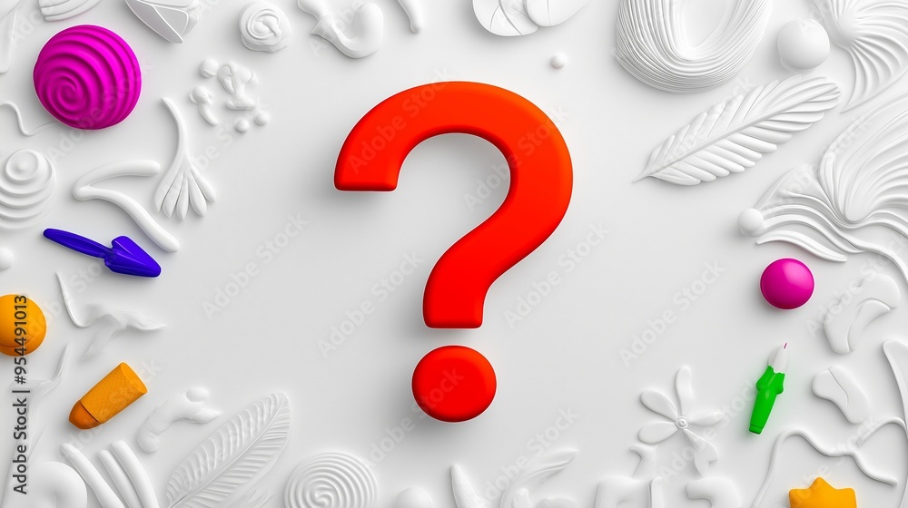 Aufkleber a red question mark is surrounded by a colorful background of various shapes and objects. concept of