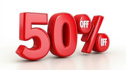 A red sign with the number 50 percent on it and the word "off" written below it. The sign is designed to look like a 3D object, giving it a unique and eye-catching appearance