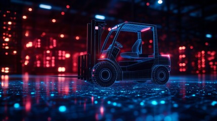 A futuristic forklift maneuvering around digital holographic obstacles, neon blue lighting highlights the vehicle, cyberpunk style, 3D rendering, high-tech warehouse background.--style raw