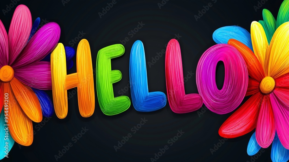 Poster a colorful flower arrangement with the word hello written in the middle. the flowers are arranged in