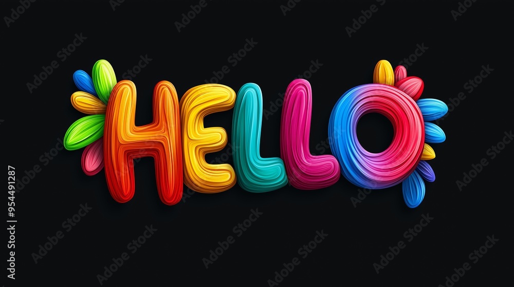 Poster hello is written in colorful letters on a black background. the letters are made of different colors