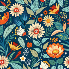 A vibrant floral pattern featuring large red and pink flowers with green leaves on a dark background design
