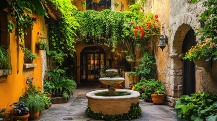 Obraz premium Tranquil Courtyard with Stone Fountain and Lush Greenery