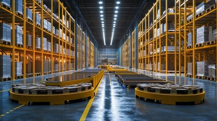 Fototapeta premium A futuristic warehouse with automated systems handling various items, placing them perfectly on pallets, showcasing cutting-edge logistics technology