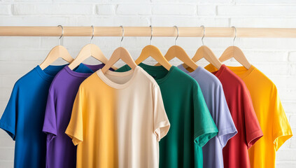 Colorful T-Shirts on Wooden Hangers in a Row