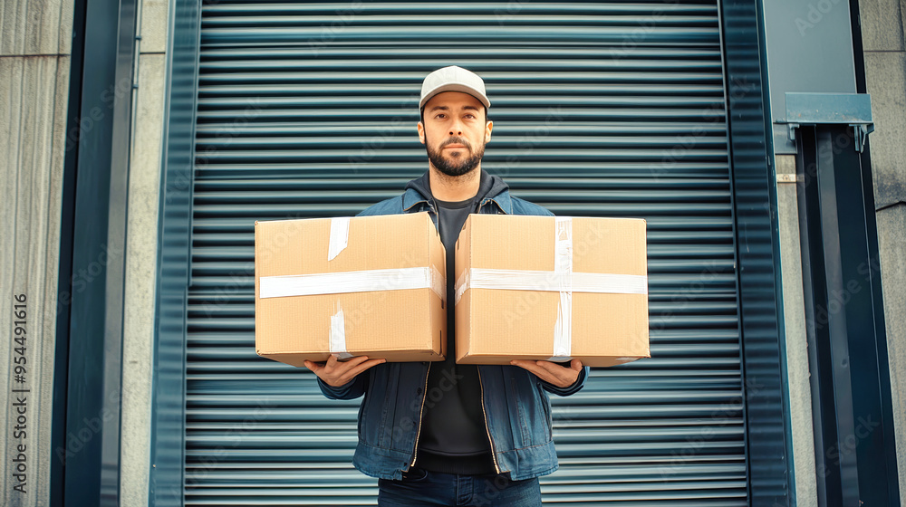 Poster a worker holds cardboard boxes in front of a warehouse roller door, showcasing a mockup template for