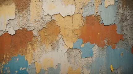 Rugged wall with peeling layers of orange and blue paint 