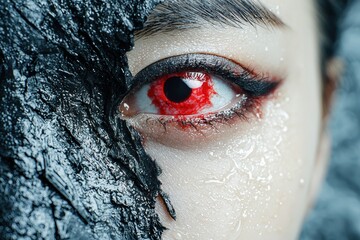 Close-up of a dramatic red eye with water droplets