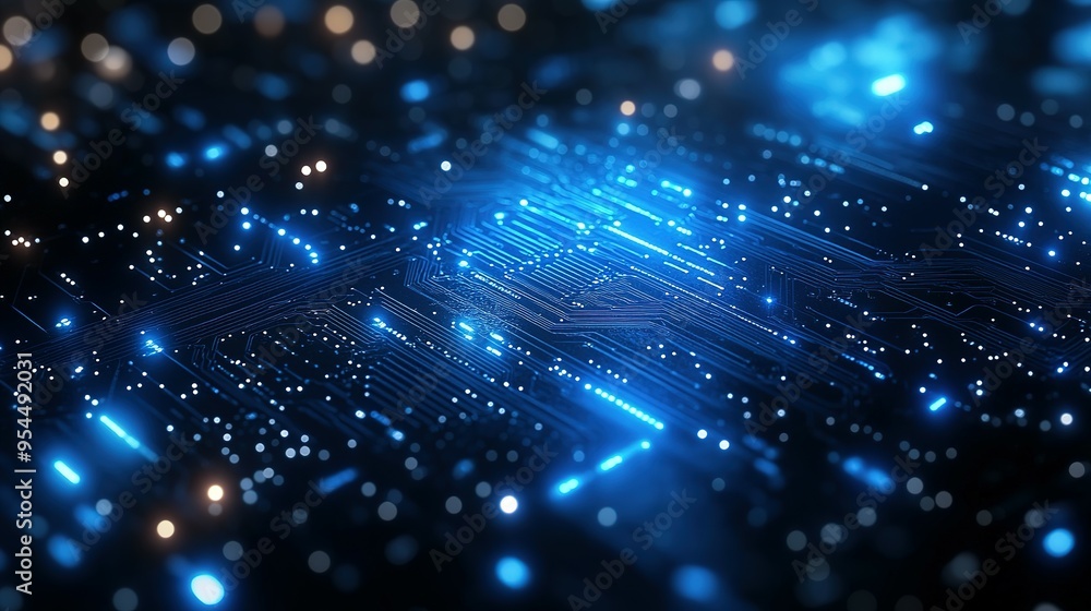 Poster abstract circuit board with glowing blue lines and bokeh lights