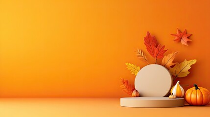 Festive Thanksgiving Podium with Turkey Centerpiece Surrounded by Autumn Leaves and Decorations, Perfect for Holiday Feasts with Copy Space