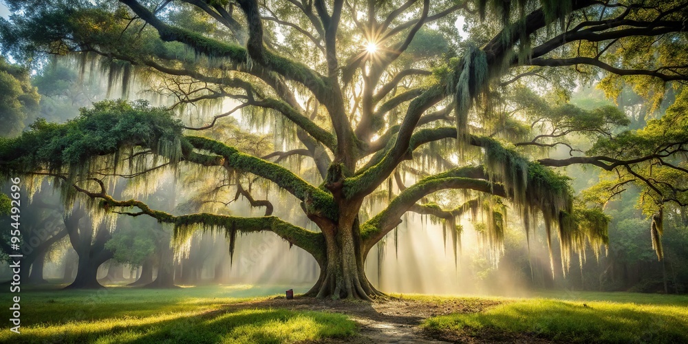 Wall mural In a misty forest, a majestic Caput Mortuum tree rises above the underbrush, its branches adorned with Spanish moss, bathed in soft, diffused afternoon light, a realistic photo image.