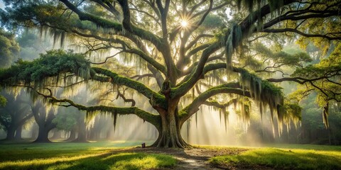 In a misty forest, a majestic Caput Mortuum tree rises above the underbrush, its branches adorned with Spanish moss, bathed in soft, diffused afternoon light, a realistic photo image.