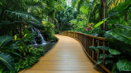 Tranquil Walkway Through a Lush Tropical Garden
